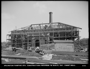 Distribution Department, Arlington Pumping Station, construction progress, front wall, Arlington, Mass., Mar. 15, 1907