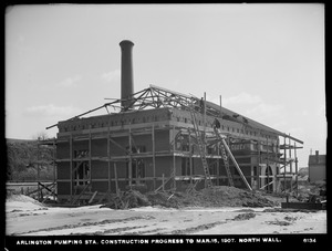 Distribution Department, Arlington Pumping Station, construction progress, north wall, Arlington, Mass., Mar. 15, 1907