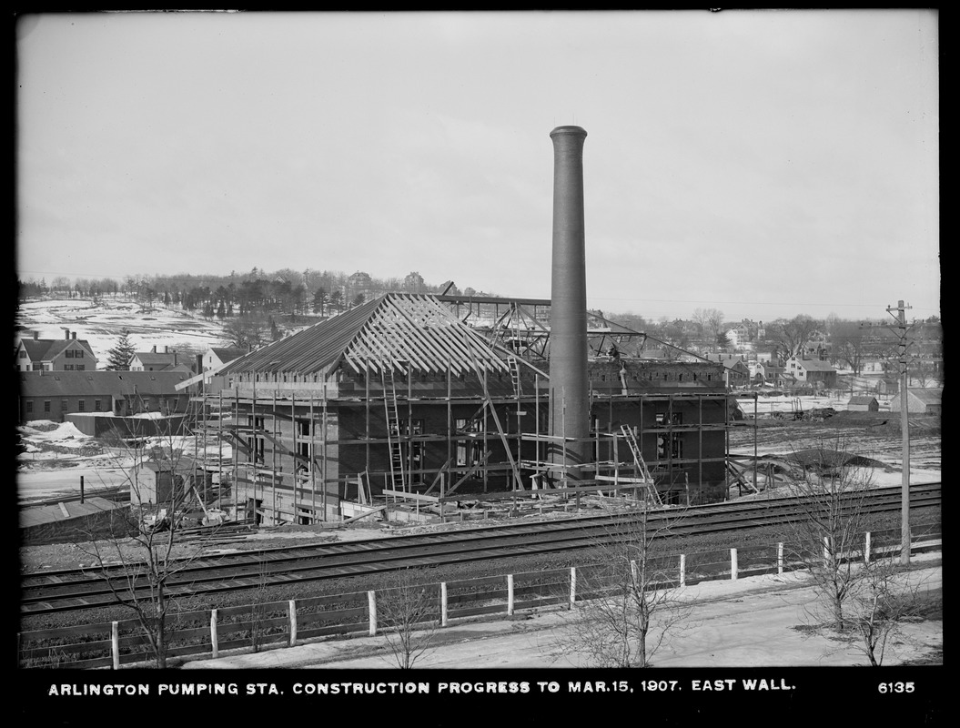 Distribution Department, Arlington Pumping Station, construction progress, east wall, Arlington, Mass., Mar. 15, 1907