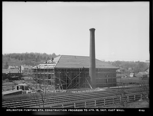 Distribution Department, Arlington Pumping Station, construction progress, east wall, Arlington, Mass., Apr. 15, 1907