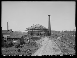 Distribution Department, Arlington Pumping Station, construction progress, south wall, Arlington, Mass., Apr. 15, 1907