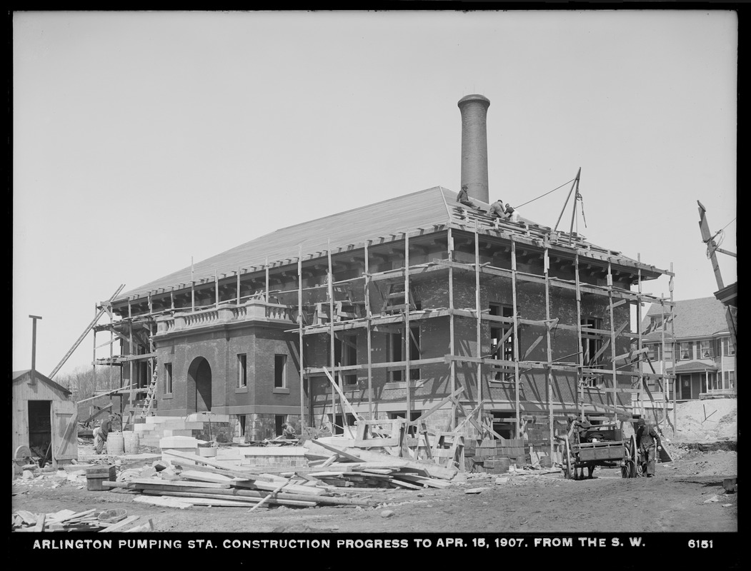 Distribution Department, Arlington Pumping Station, construction progress, from the southwest, Arlington, Mass., Apr. 15, 1907