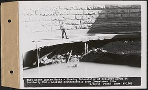 Ware River Intake Works, Shaft #8, showing undermining of spillway apron at southerly end, looking southeasterly from downstream side, Barre, Mass., Sep. 23, 1947