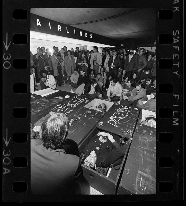 Earth Day demonstration (note coffins), Logan Airport