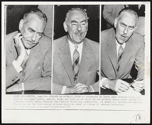Acheson on Witness Stand-- Secretary of State Dean Acheson rests his chin on his hand (left), smiles, rests his eyes as he talks in the witness chair today before the combined Senate Armed Services and Foreign Relations committees. He began his defense of foreign policy in the Far East during hearing based on probe of firing of General MacArthur.