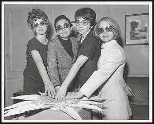 Four of the Boston theatres leading stars gather to draw names of winners in a sweepstakes co-sponsored by Foster Grant sunglasses of Leominster and TV guide. From left to right: Patricia Sinnot, "The Killing of Sister George;" Anna Maria Alberghetti, now appearing at Caesar's Monticello in Framingham, an Minni Gaster and Rena Frederics, of "You're a Good Man, Charlie Brown." Drawing was held at Ritz Carlton.