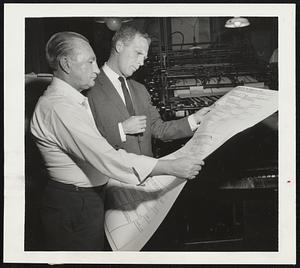 Checking Ballot Sheets – Secretary of State Kevin White (right) checks first ballots to be used in Sept. 13 primary as they are printed at Wright and Potter Co. Thursday. With White, checking ballots intended for Harwich, is foreman Earl Wright. Separate ballots are printed for each community because of varying local candidates.