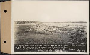 Contract No. 80, High Level Distribution Reservoir, Weston, photo no. 1 of panoramic view looking southeast from a point 120 feet right of Sta. 3+60 showing spoil area and encircling dike, high level distribution reservoir, Weston, Mass., Sep. 19, 1939