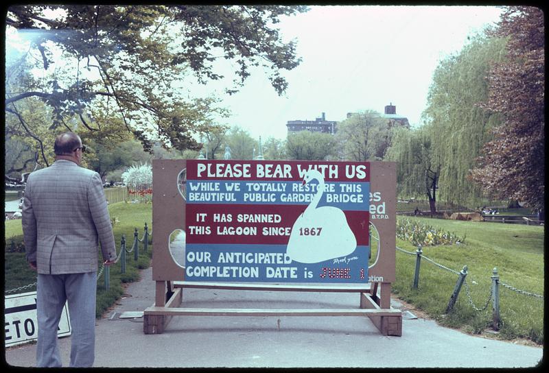 Please bear with us while we totally restore this beautiful Public Garden Bridge. It has spanned this lagoon since 1867. Our anticipated completion date is June 1