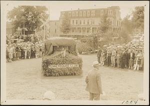 Parade rounding the corner from Groton Street onto Main, Railroad Square