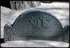 Top of headstone with carving and inscription, Granary Burying Ground, Boston