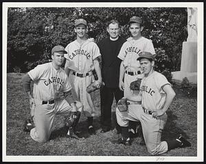 Malden Catholic's All-Star on Display Tomorrow - They are the coach and four members of Malden Catholic's baseball team chosen as Catholic League All-Stars to play the Boston Conference stars at Fenway Park the night of June 12. They'll be at Fenway Park tomorrow playing Milford in quarterfinals of the Eastern State tournament. Left to right: Pitcher Jim Coates. Shortstop and Capt. Ernie LeDuc, Coach Rev. Brother Firmin, Third Baseman Bob Gulla and Outfielder Lennie Dempsey.