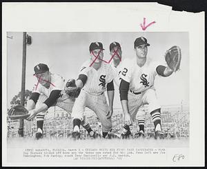 Chicago White Sox First Base Candidates- With Roy Sievers traded off here are the three men rated for the job. From left are Joe Cunningham; Bob Farley; coach Tony Cuccinelo and J.C. Martin.