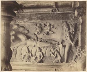 Seven Pagodas. Vishnu recumbent on the snake Sesha [Mahishasuramardini Mandapa]