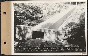 Contract No. 44, Extension of Belchertown-Pelham Highway, New Salem, Orange, looking northwest at culvert at Sta. 943+25+, New Salem, Mass., Jun. 30, 1934