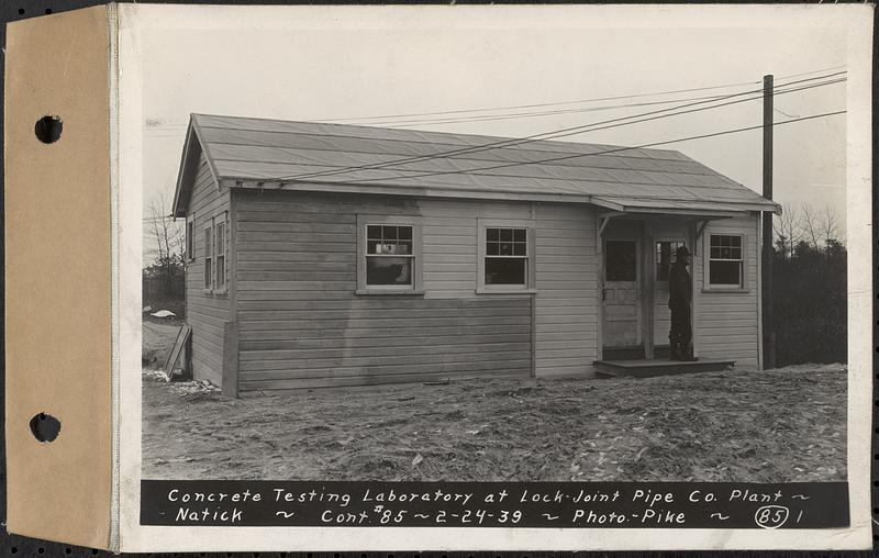 Contract No. 85, Manufacture and Delivery of Precast Concrete Steel Cylinder Pipe, Southborough, Framingham, Wayland, Natick, Weston, concrete testing laboratory at Lock Joint Pipe Co. plant, Natick, Mass., Feb. 24, 1939