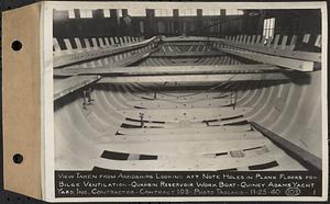 Contract No. 103, Construction of Work Boat for Quabbin Reservoir, Quincy, view taken from amidships looking aft, note holes in plank floors for bilge ventilation, Quincy, Mass., Nov. 25, 1940