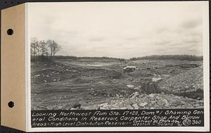 Contract No. 80, High Level Distribution Reservoir, Weston, looking northwest from Sta. 17+20, dam 1 showing general conditions in reservoir, carpenter shop and borrow areas, high level distribution reservoir, Weston, Mass., May 29, 1940