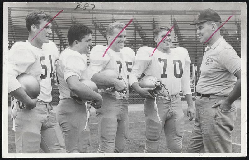 BC's new assistant Coach John Miller, ex-pro, with sophomore standouts & big boys. Center Bob Hyland, 235. Tackle Tom Sarkisian, 235. Tackle Mike Petruzziello, 235. Tackle Dick Powers, 225