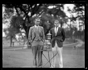 Winner Lawson Little and second place David Goldman pose with amateur championship trophy at country club, Brookline