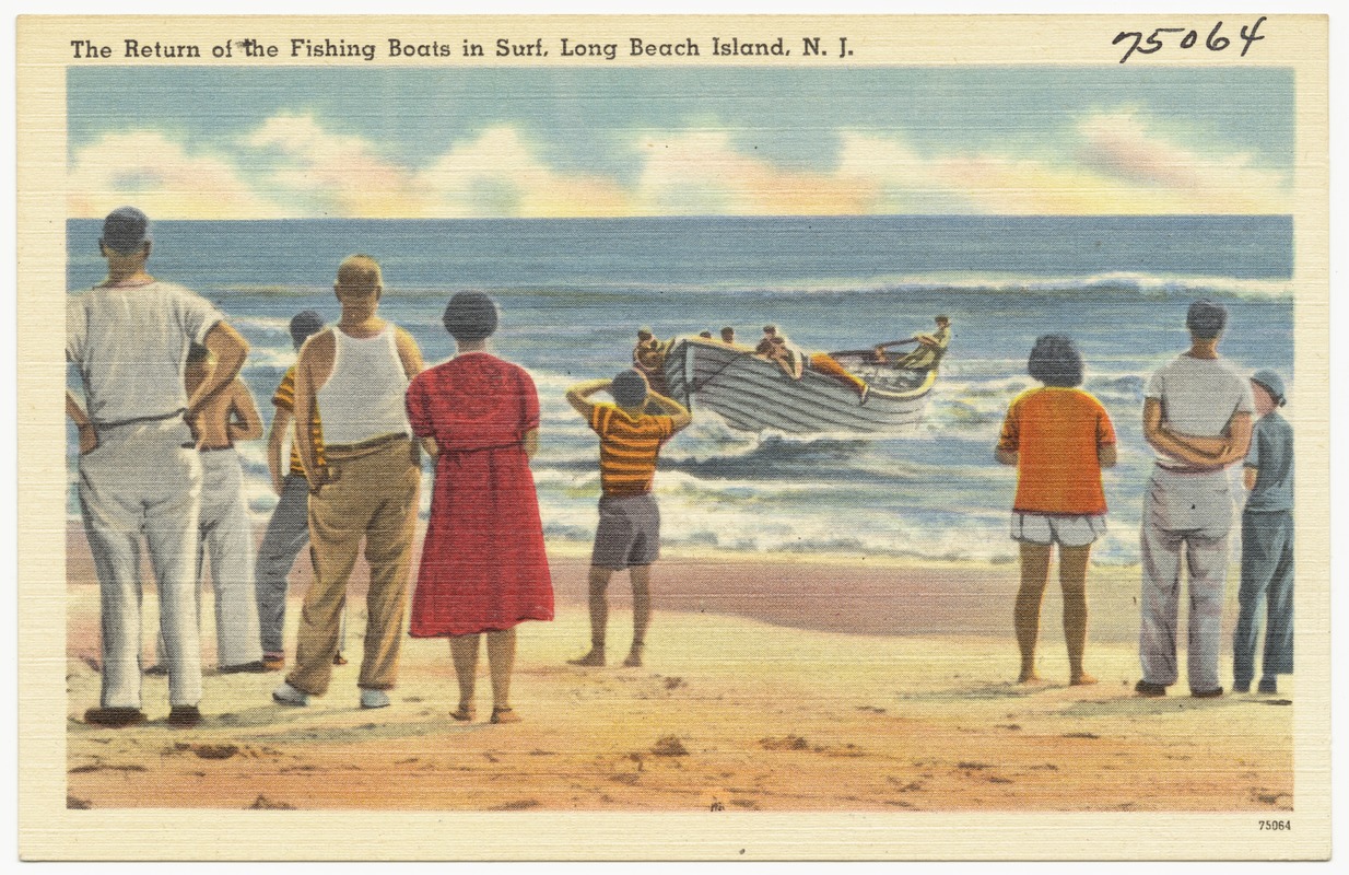The return of the fishing boats in surf, Long Beach Island, N. J.