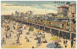 Boardwalk and beach scene, Ocean City, N. J.
