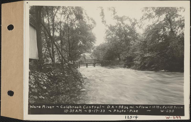 Ware River, Coldbrook Control, drainage area = 98 square miles, flow = 1070 cubic feet per second = 10.9 cubic feet per second per square mile, Barre, Mass., 10:35 AM, Sep. 17, 1933