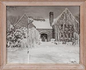 Nahant Public Library in snow, photograph in black and white