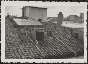 View of roofs and white cat from my top floor balcony in Hotel d' Inghilterra, Rome