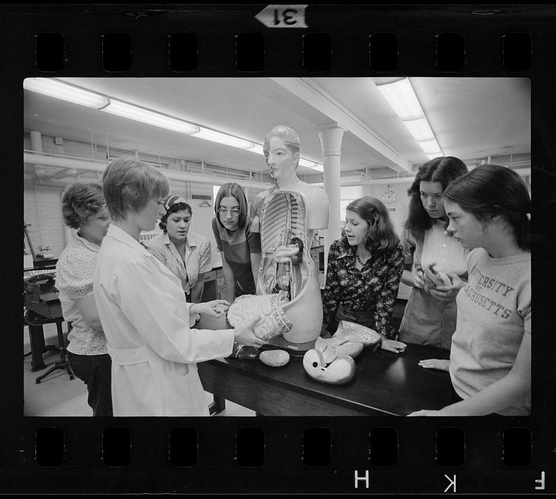 Student nurses learn anatomy using dummy, Boston