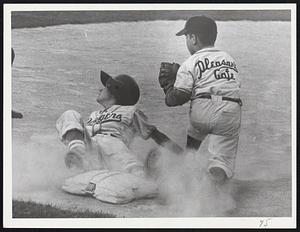 Parkway Americans vs Parkway Nationals. 4th inning Steve Timmins (PN) is out @3rd base as Tom Grandy (PA) put a tag on him.