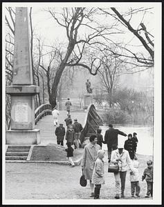 People walking on North Bridge and by the Concord River, Concord