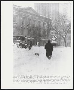 New York - Just Making Room For More - City Hall, usually a scene of hustle and bustle, in a semi-deserted area as a snow plow works its way through heavy drifts today as the snow continues to fall. Even the statue of Horace Greeley, right center background, who uttered the famous "Go West, Young Man," appears to take a dim view of the area during the worst storm to hit New York since 1947.