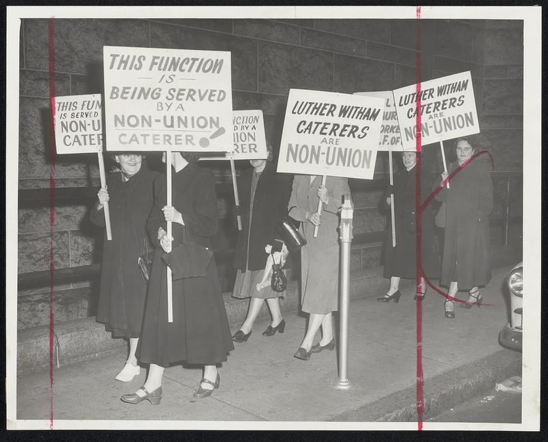 Police Wives Picket Police Party--A first Corps Cadet Armory dinner for the State American Legion Commander hit a big hurdle last night when these pickets marched to protest a non-union caterer.