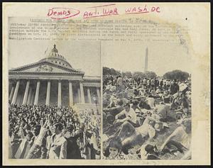 The Protests Continue--The antiwar movement agitating against the continuance of the involvement of the United States in the Vietnam struggle has had many faces. At left is the demonstration outside the U.S. Capitol Building during the march and rally sponsored by the Moratorium Committee on Oct. 15, 1969. At right participants in the march and rally sponsored by the New Mobilization Committee lounge by the Washington Monument on May 9, 1970.