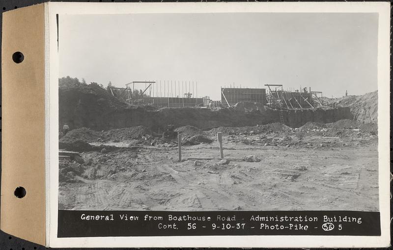 Contract No. 56, Administration Buildings, Main Dam, Belchertown, general view from Boathouse Road, Belchertown, Mass., Sep. 10, 1937