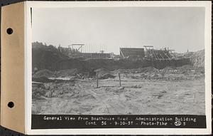 Contract No. 56, Administration Buildings, Main Dam, Belchertown, general view from Boathouse Road, Belchertown, Mass., Sep. 10, 1937