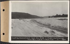 Contract No. 49, Excavating Diversion Channels, Site of Quabbin Reservoir, Dana, Hardwick, Greenwich, looking downstream from Sta. 14+00, middle-east channel, Hardwick, Mass., Jul. 8, 1936