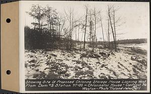 Contract No. 96, Chlorine Storage House and Equipment and Chlorinating Equipment for Gate House at Norumbega Reservoir, Weston, showing site of proposed chlorine storage house looking west from dam 5 Sta. 97+00, chlorinator house, Weston, Mass., Jan. 30, 1940