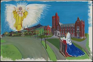 Untitled (Annunciation scene with angel and Mary, overlaid on Emmanuel administration building and Simmons College academic building)