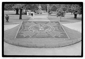 Veterans of Foreign Wars of the United States logo floral design in front of Ether Monument, Public Garden
