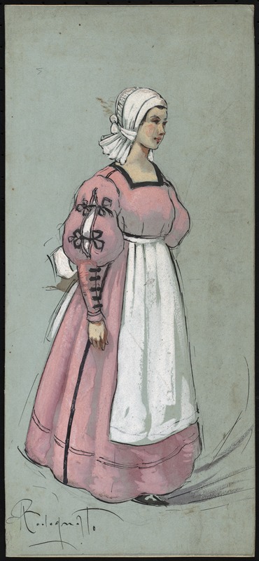A woman standing in a pink floor-length dress in three-quarter profile