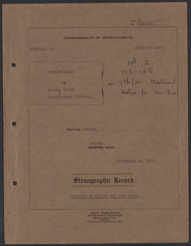 Sacco-Vanzetti Case Records, 1920-1928. Transcripts. Hearing On Motion ...