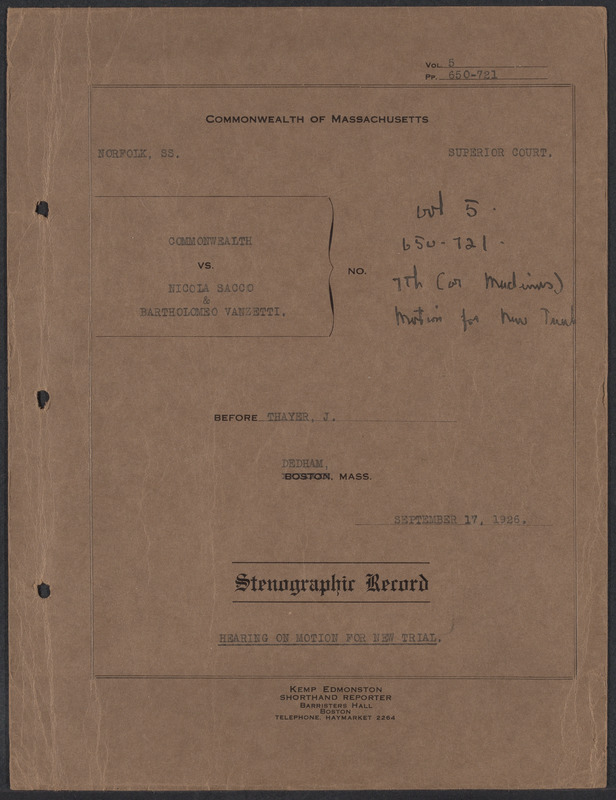 Sacco-Vanzetti Case Records, 1920-1928. Transcripts. Hearing On Motion ...