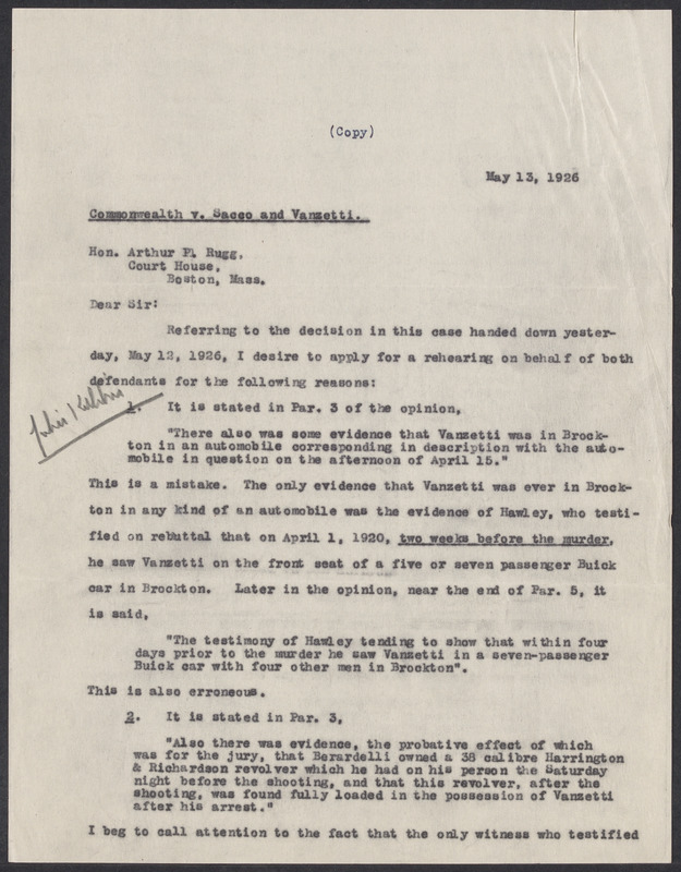 Sacco-Vanzetti Case Records, 1920-1928. Prosecution Papers. D.P. Ranney ...