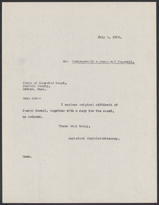 Sacco-Vanzetti Case Records, 1920-1928. Prosecution Papers. D.P. Ranney Correspondence, July 1926. Box 23, Folder 13, Harvard Law School Library, Historical & Special Collections