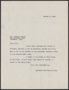 Sacco-Vanzetti Case Records, 1920-1928. Prosecution Papers. D.P. Ranney Correspondence, October 1926. Box 23, Folder 16, Harvard Law School Library, Historical & Special Collections
