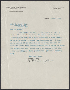 Sacco-Vanzetti Case Records, 1920-1928. Prosecution Papers. D.P. Ranney Correspondence, April 1927. Box 23, Folder 20, Harvard Law School Library, Historical & Special Collections