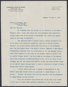 Sacco-Vanzetti Case Records, 1920-1928. Prosecution Papers. D.P. Ranney Correspondence, October 1927. Box 23, Folder 26, Harvard Law School Library, Historical & Special Collections