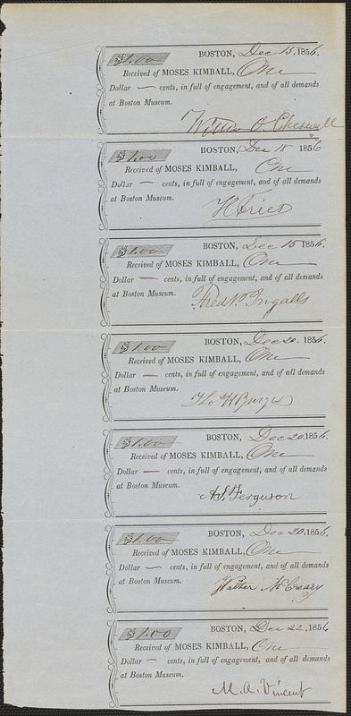 Seven receipts, Boston Museum, December 1856